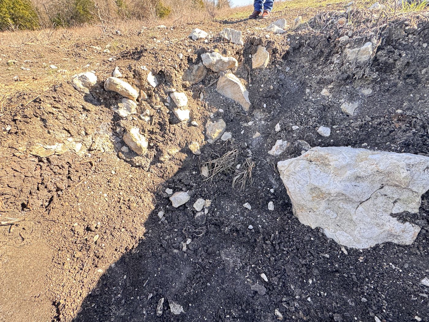 Test pit exposing large limestone rocks buried in the soil