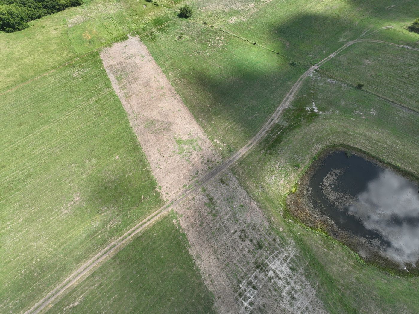 Top-down aerial of a bare pipeline right-of-way strip cutting through green pasture