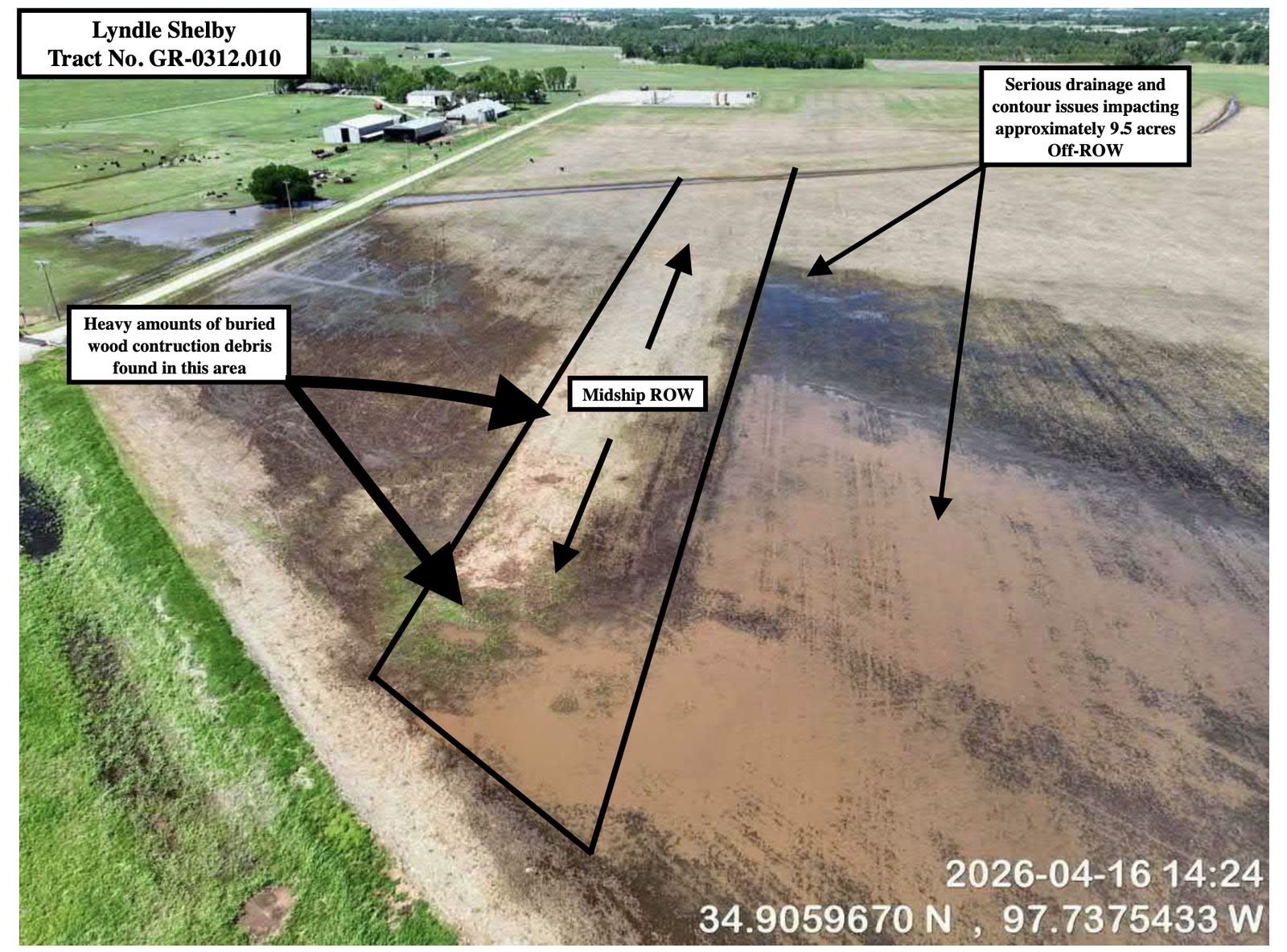 Annotated aerial of the Lyndle Shelby tract showing the Midship right-of-way, buried wood construction debris, and drainage issues affecting about 9.5 acres off the right-of-way